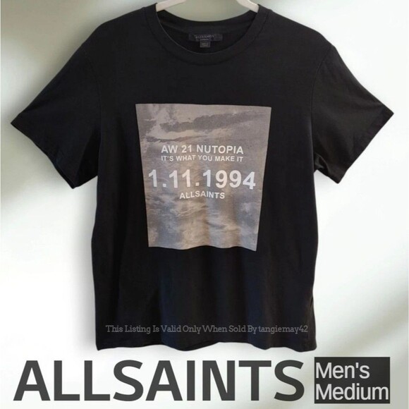 Allsaints Mens Medium Black T Shirt AW 21 NUTOPIA 1 11 1994 Cotton Silkscreen - Picture 1 of 8
